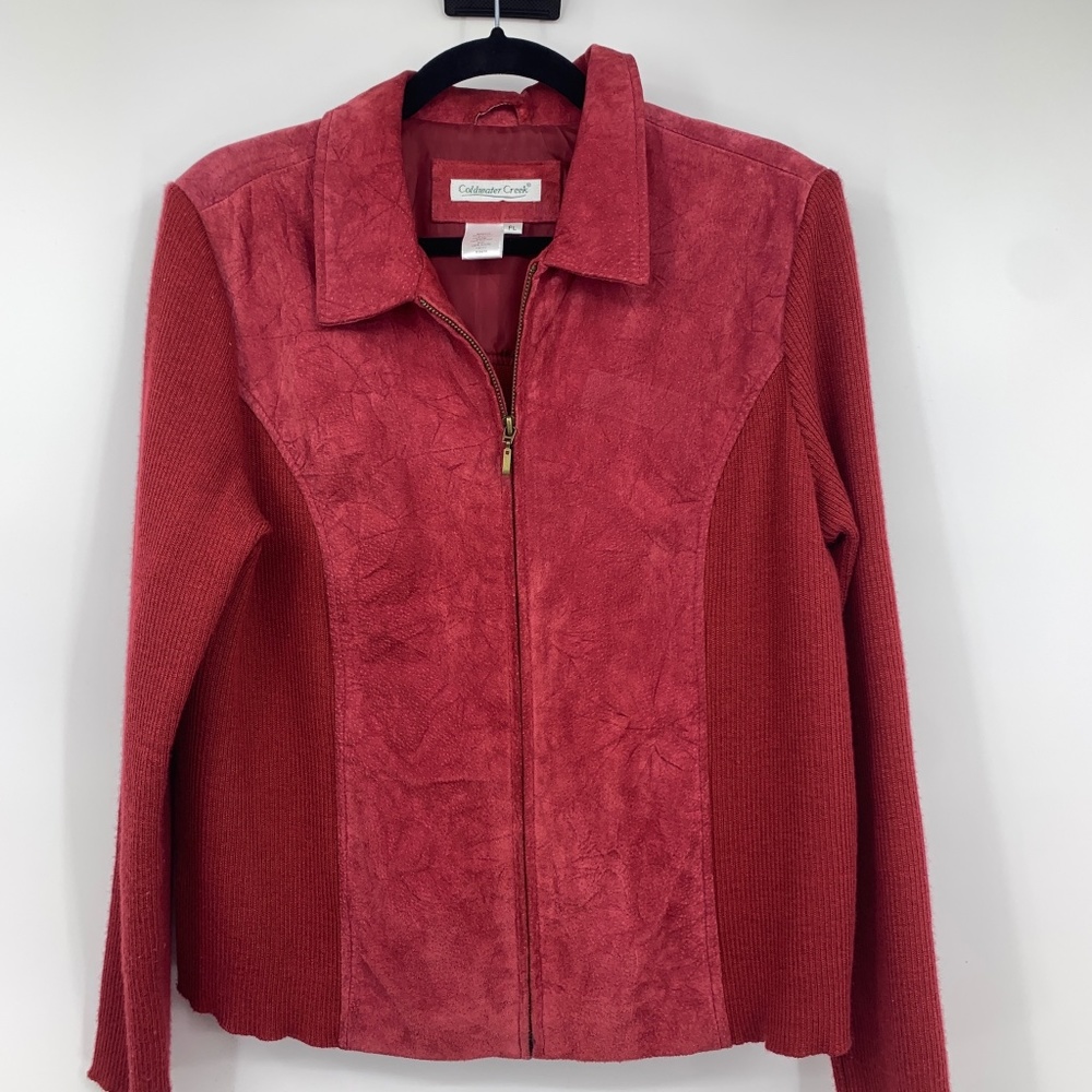 Coldwater Creek womens PL petite large jacket sweater red leather full zip